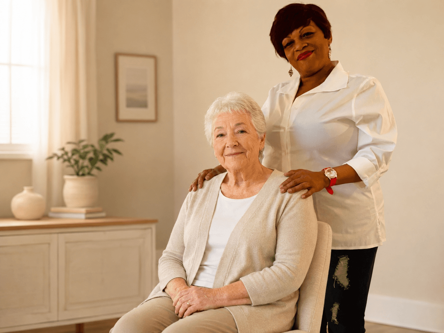 Tonya standing beside an older woman seated at home